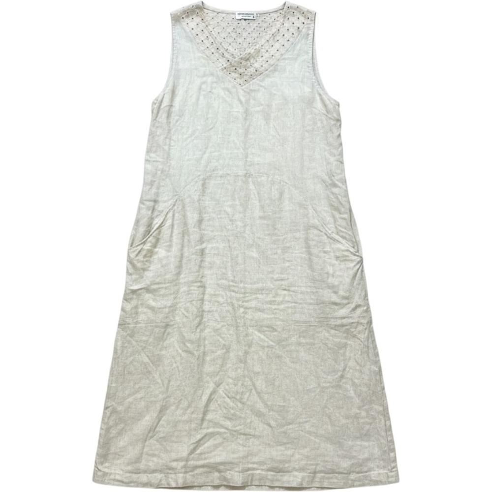 Terzo Millennio Italy Linen Eyelet Lace V-Neck Midi Dress Cream Large Art 2142